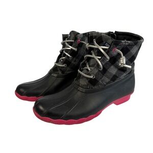 Sperry Saltwater Plaid Duck Boots Black Pink Waterproof Zip Side Kids Size 4